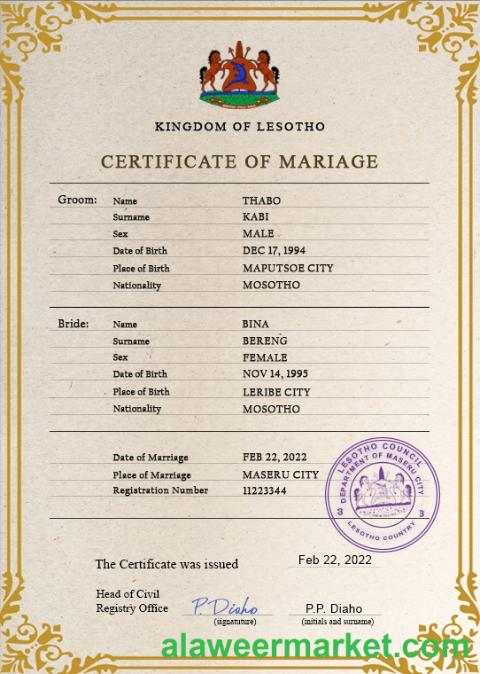Lesotho marriage certificate PSD template